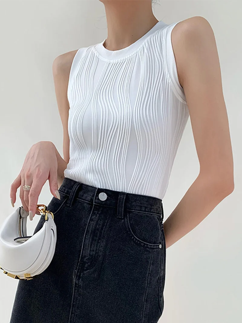 Dames Mouwloze Tank Top met Golvende Textuur - Slim Fit