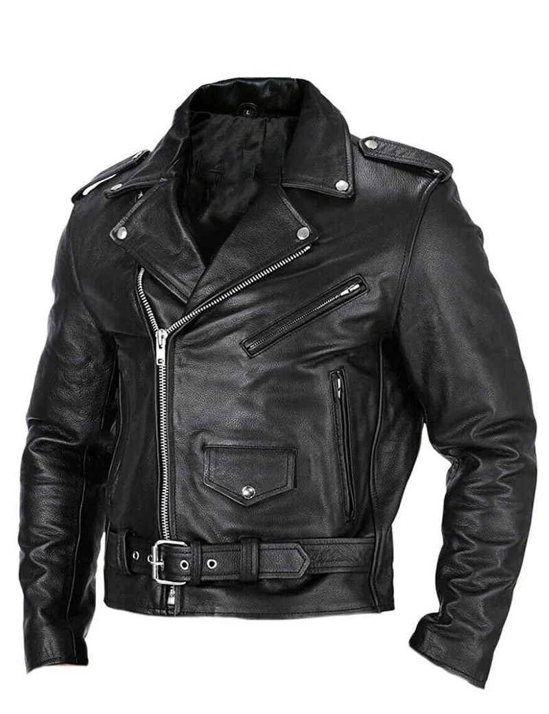 Heren Slim Fit Leren Motorjas met Opstaande Kraag