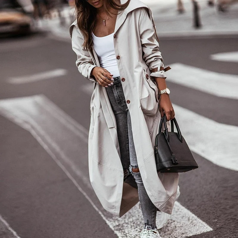 Dames Lange Trenchcoat Grijs met Zakken – Tijdloze Stijl