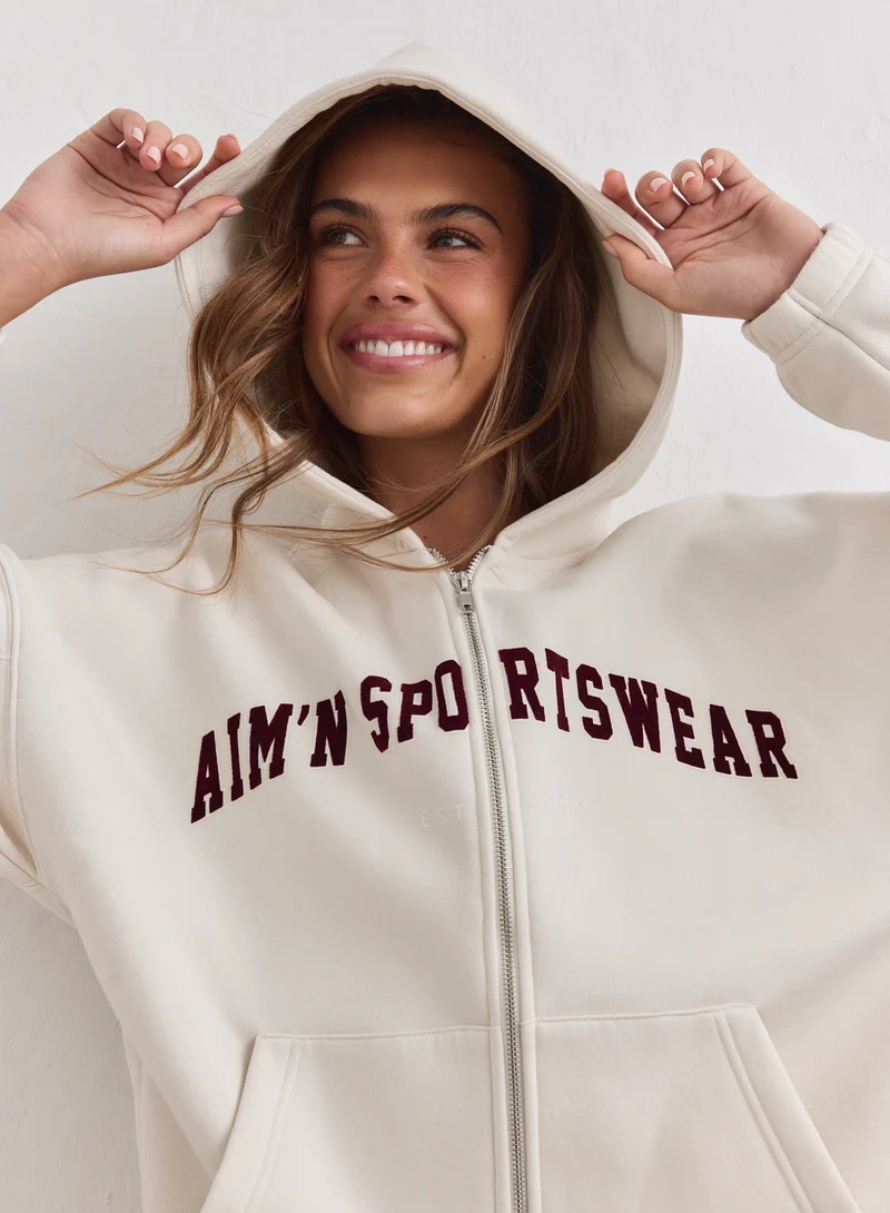 Cream Varsity Sweat Zip Hood