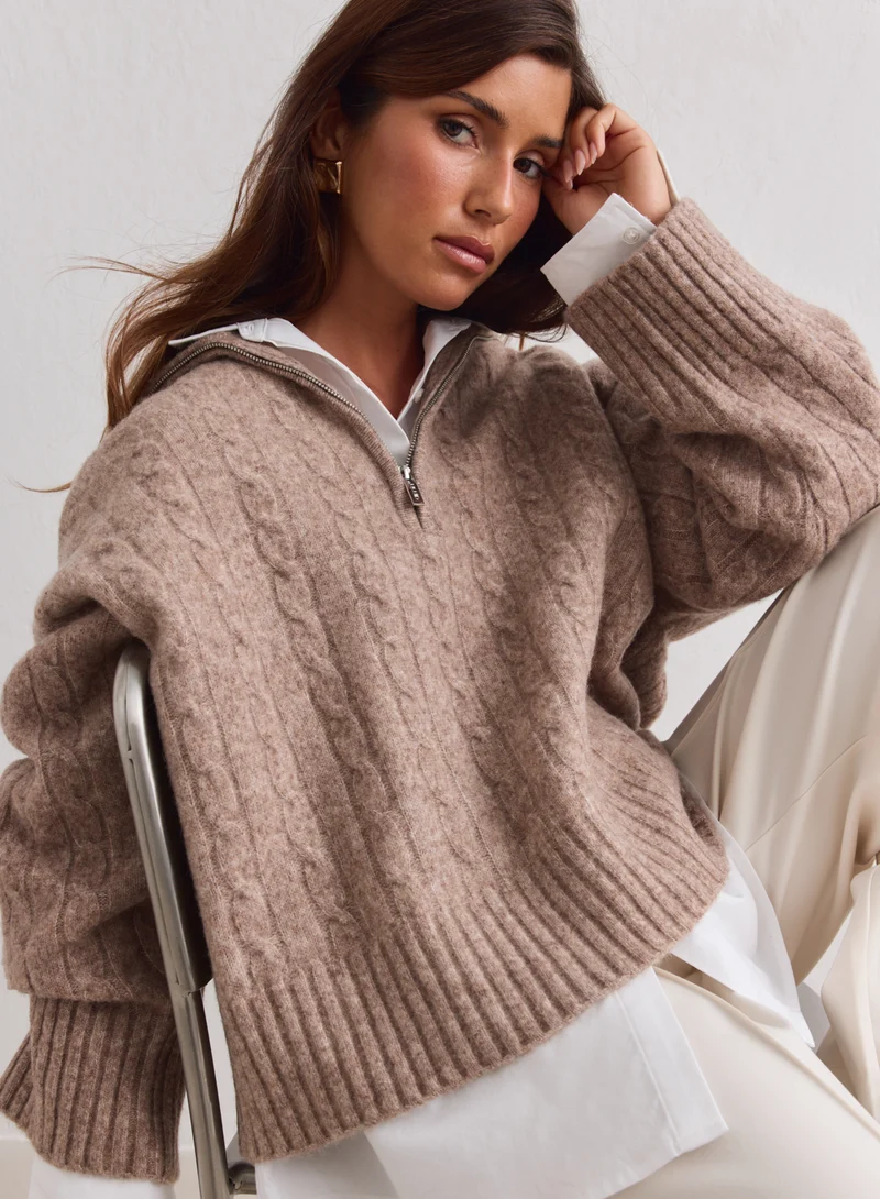 Hazelnut Oversized Cable Knit Half Zip