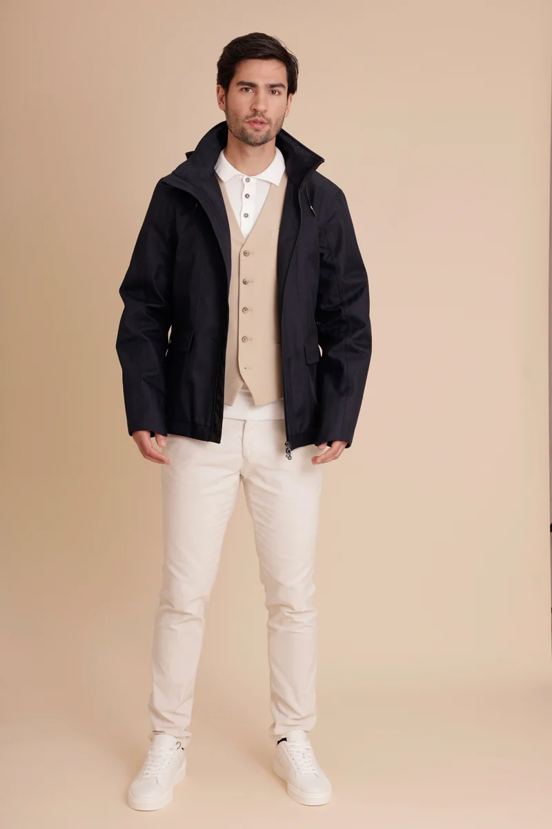 Waterproof Relaxed Fit Short Jacket | Navy Herringbone