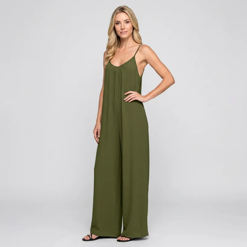 Losvallende Jumpsuit met Bandjes en Wijde Pijpen