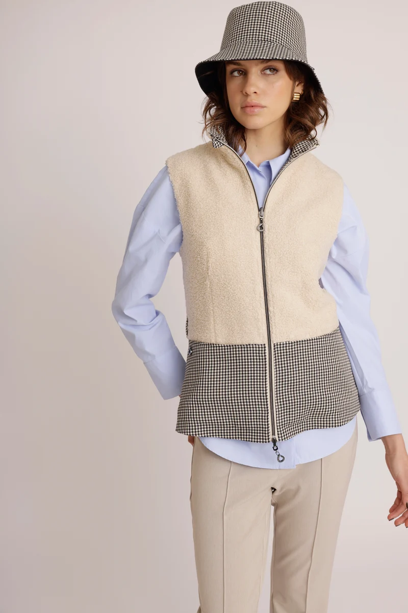 2-in-1 Teddy Jasje & Bodywarmer | Crème Pied-de-poule