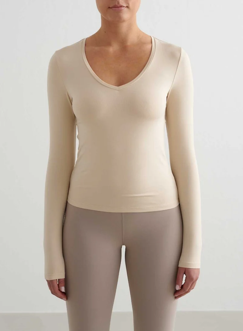 Café Au Lait Soft Basic V-neck Long Sleeve