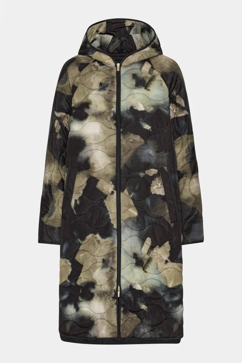 Lange Gewatteerde Jas met capuchon QUILTED08P | Moss Print