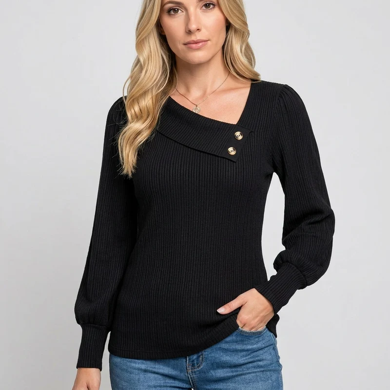 Casual Rib Top met Knopen en V-hals