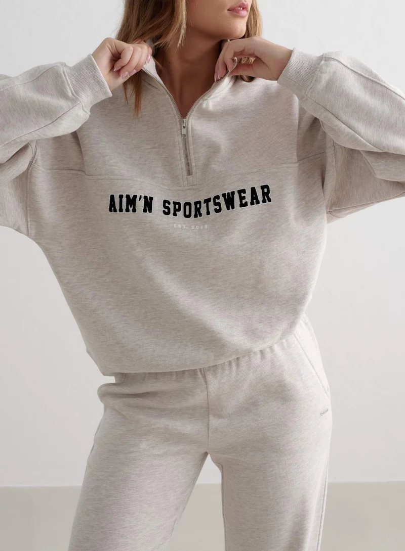 Beige Melange Varsity Sweat Half Zip