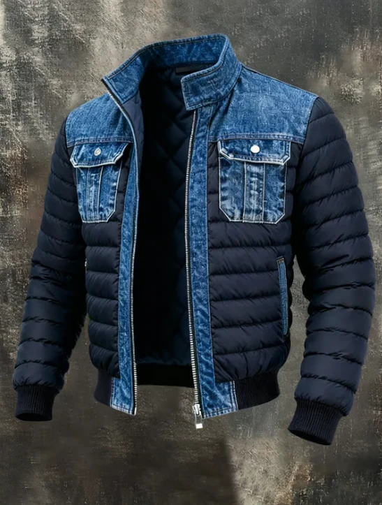 Heren Gewatteerde Bomberjack – Denim en Polyester – Voor Koude Dagen