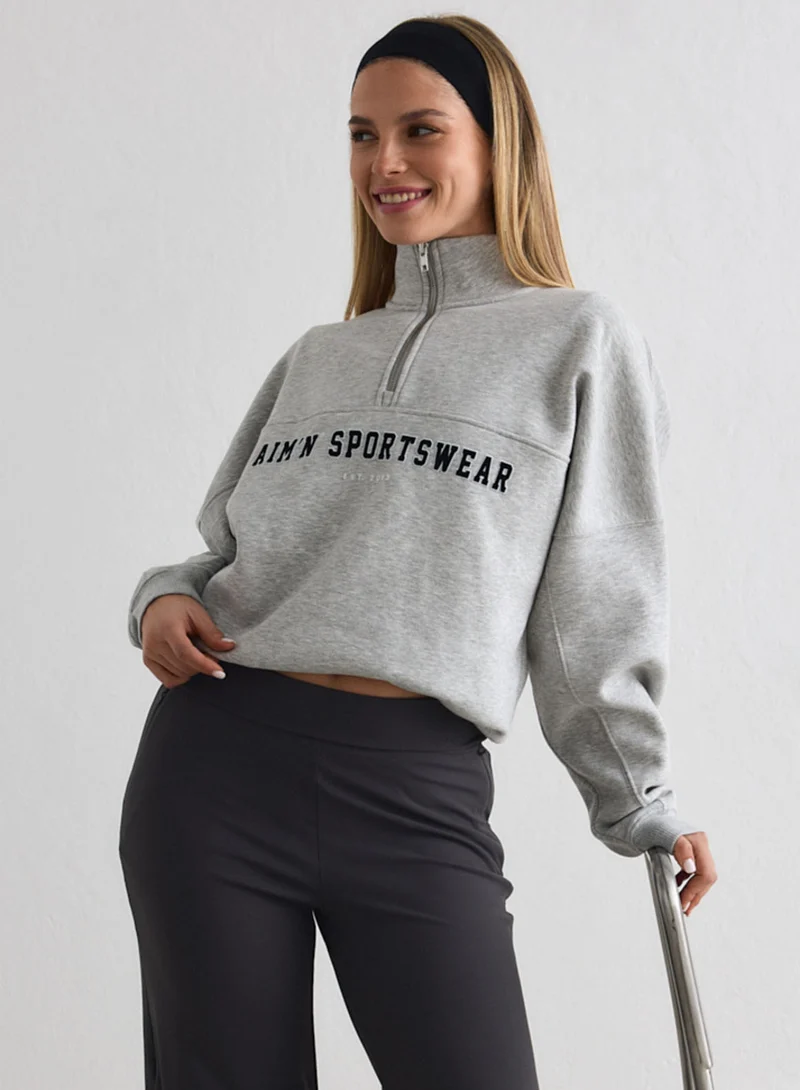 Grey Melange Varsity Sweat Half Zip