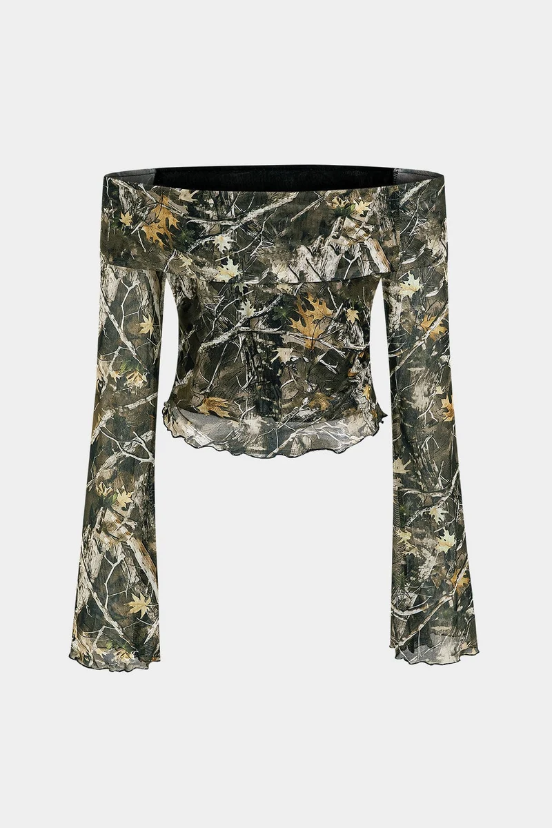 Anna | Off-Shoulder Mesh-Top met Camouflage-Print & Trompetmouwen