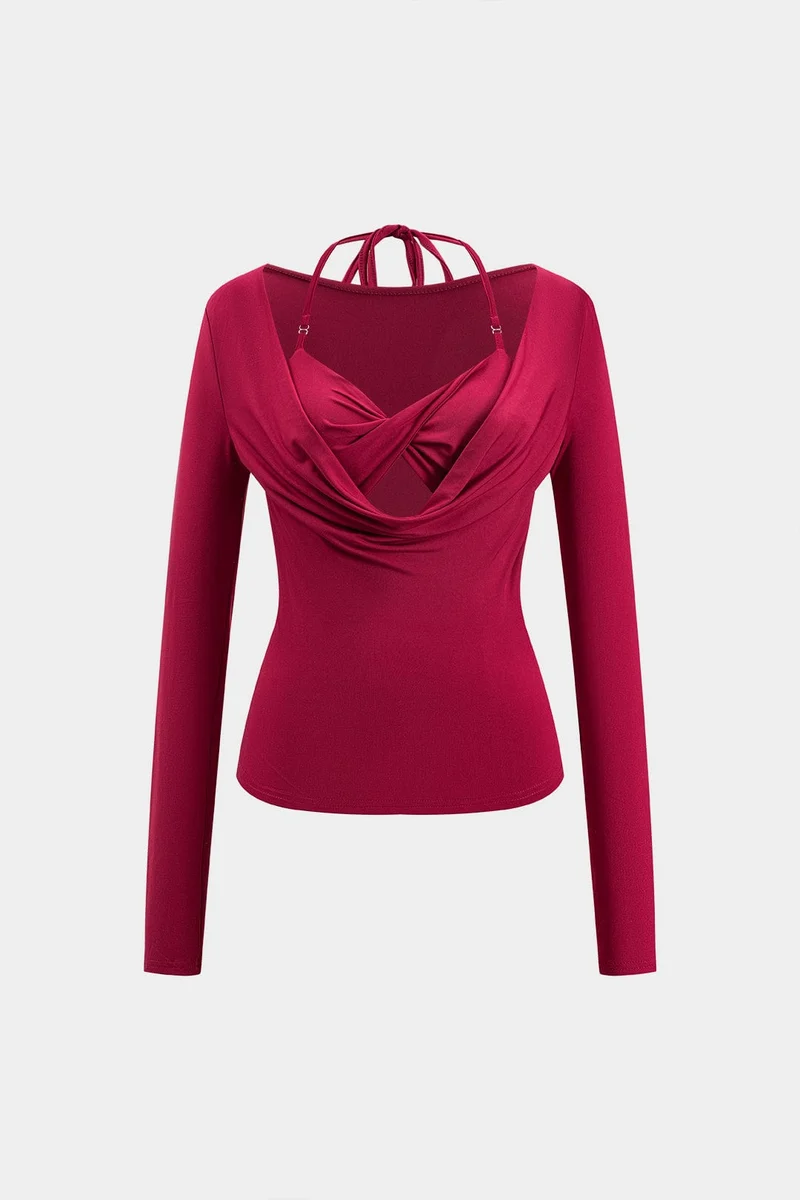 Dakota | Verleidelijk Langarmtop met Drapé Décolleté en Geïntegreerd Halter-Bralette
