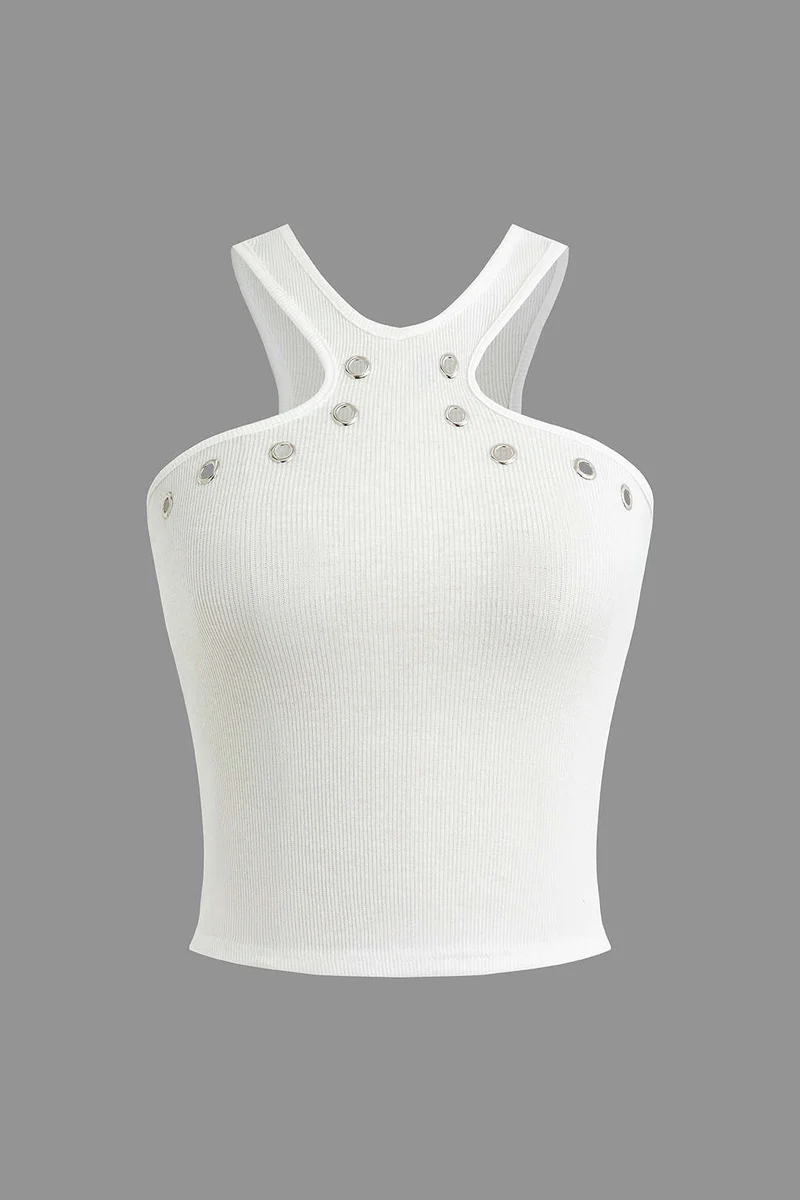 Darlene | Witte Geribbelde Tanktop met Cut-Outs & Nieten