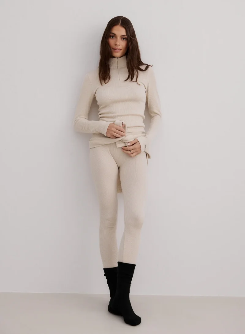 Café Au Lait Ribbed Wool Set With Half Zip Top