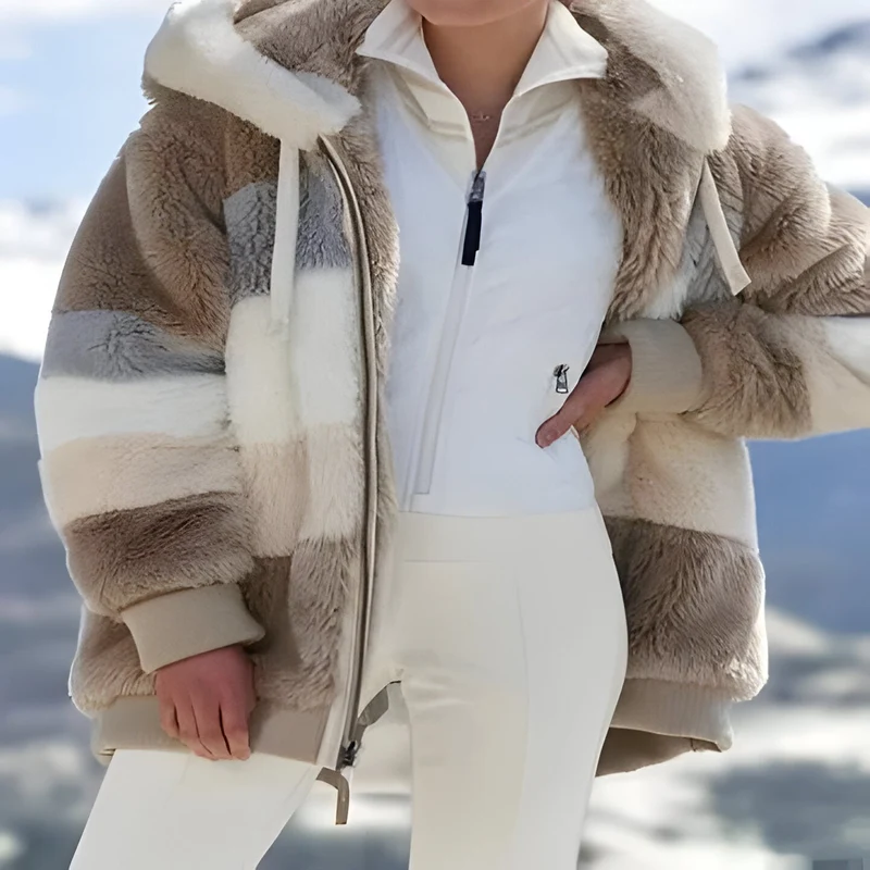 Dames Winterjas – Fleece Met Gestreept Design – Voor Koude Dagen