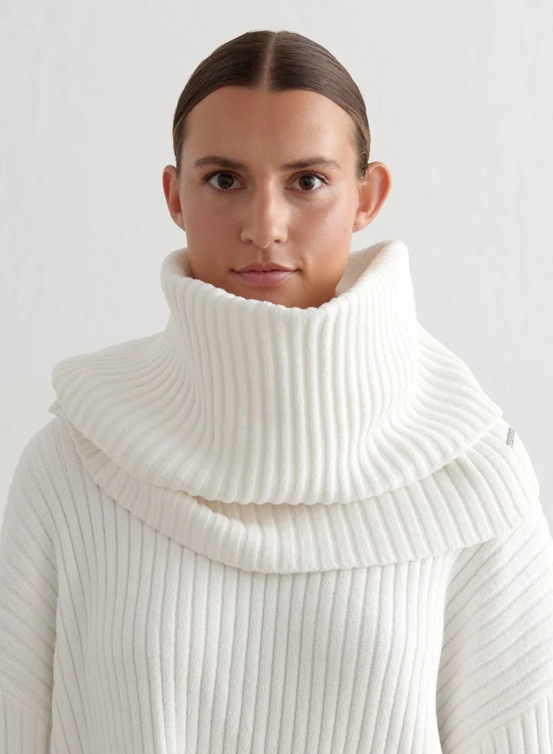 Almond White Rib Knit Tube Scarf