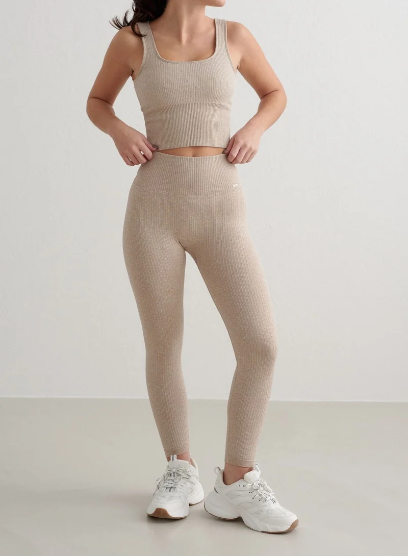 Beige Melange Ribbed Seamless Tights