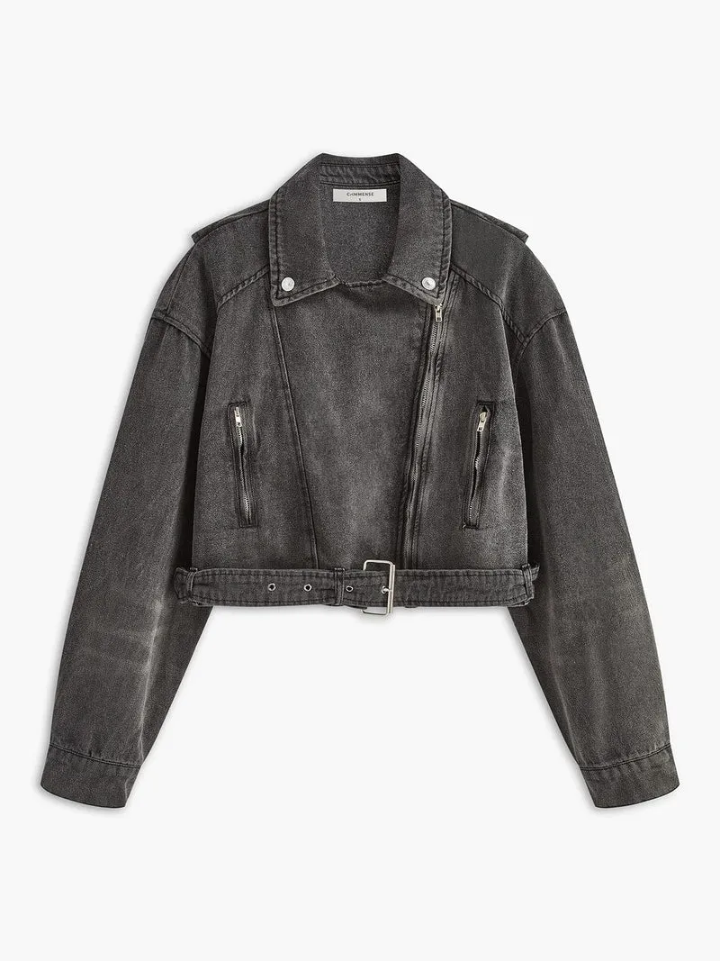 Lara | Zwarte Cropped Bikerjack uit Denim – Voor de ultieme rock-chic look