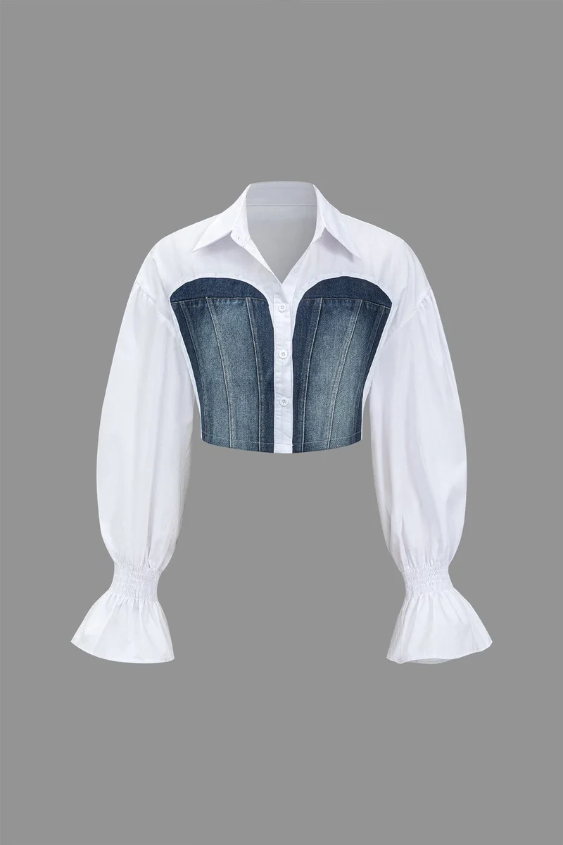 Sunniva | Cropped Blouse met Denim Korsetten en Volumineuze Mouwen