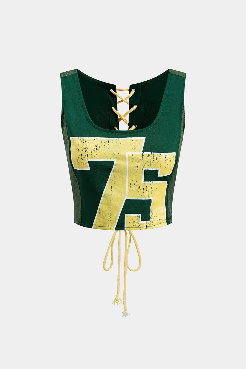 Lucinda | Retro Stijl Nummer 75 Sportief Crop-Top met Vetersluiting achter
