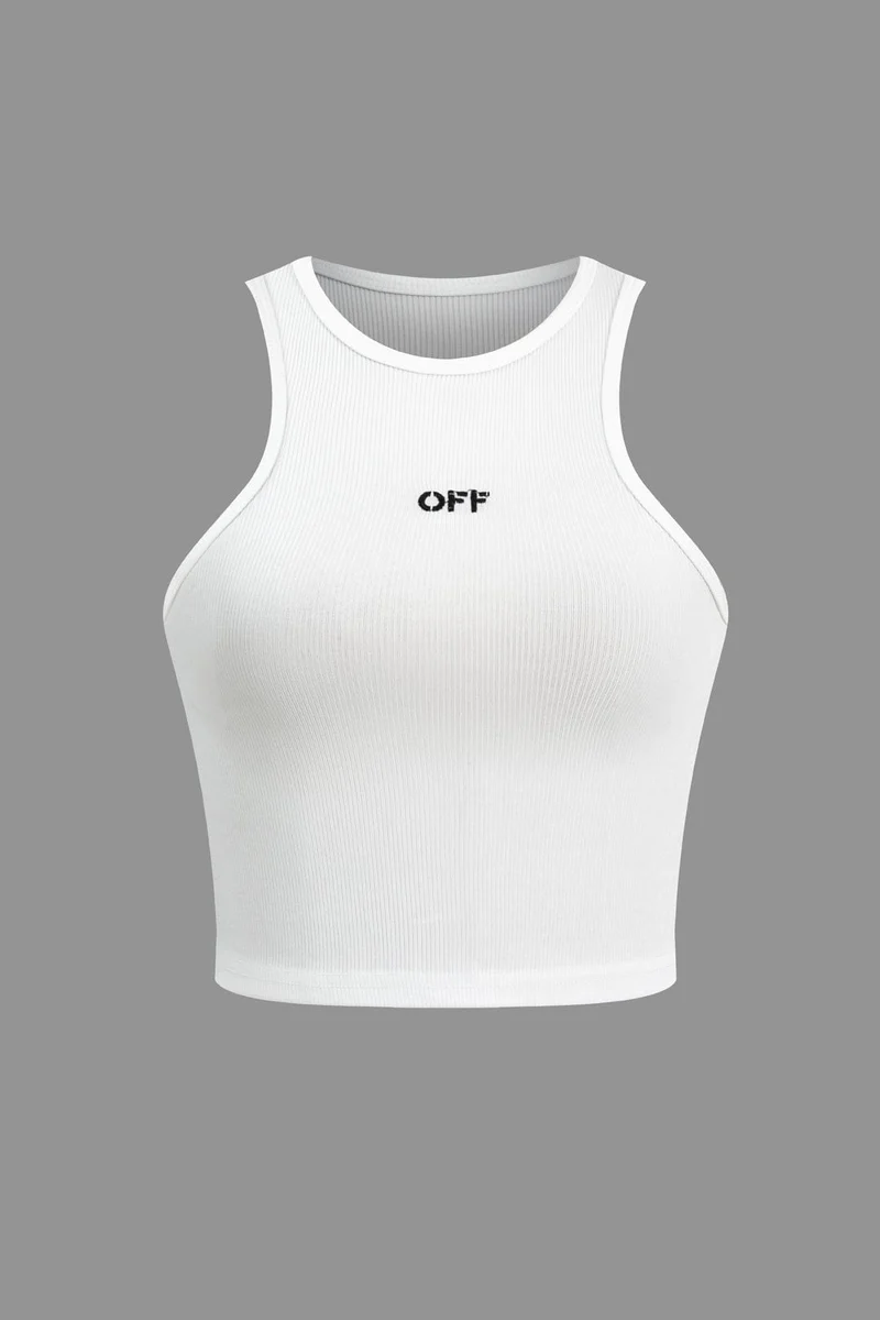 Henrietta | Witte Geribbelde Racerback Crop Top met Hoge Hals