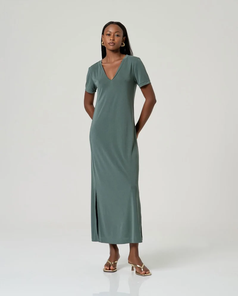 Surkana Long Dress with Slits and V-Neck Bottle green