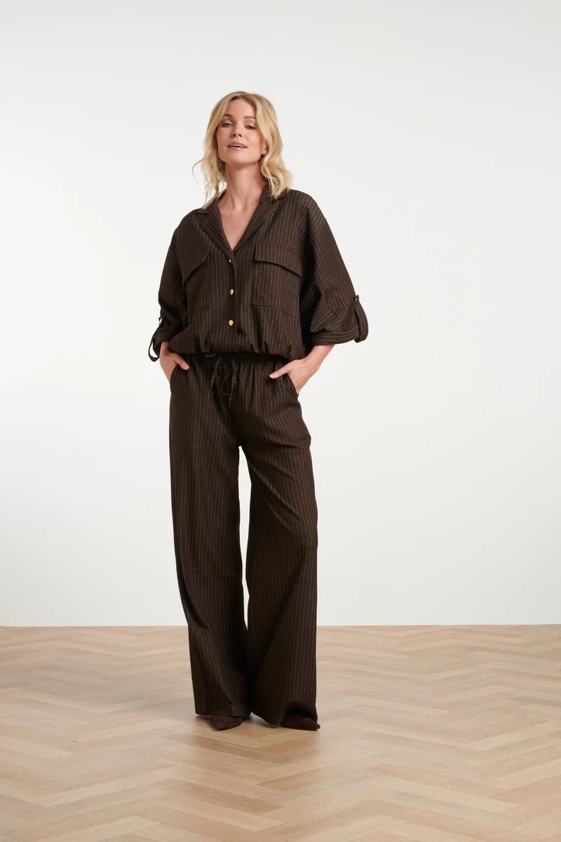 Donkerbruine Broek Met Krijtstreep En Elastische Tailleband | Dark Brown