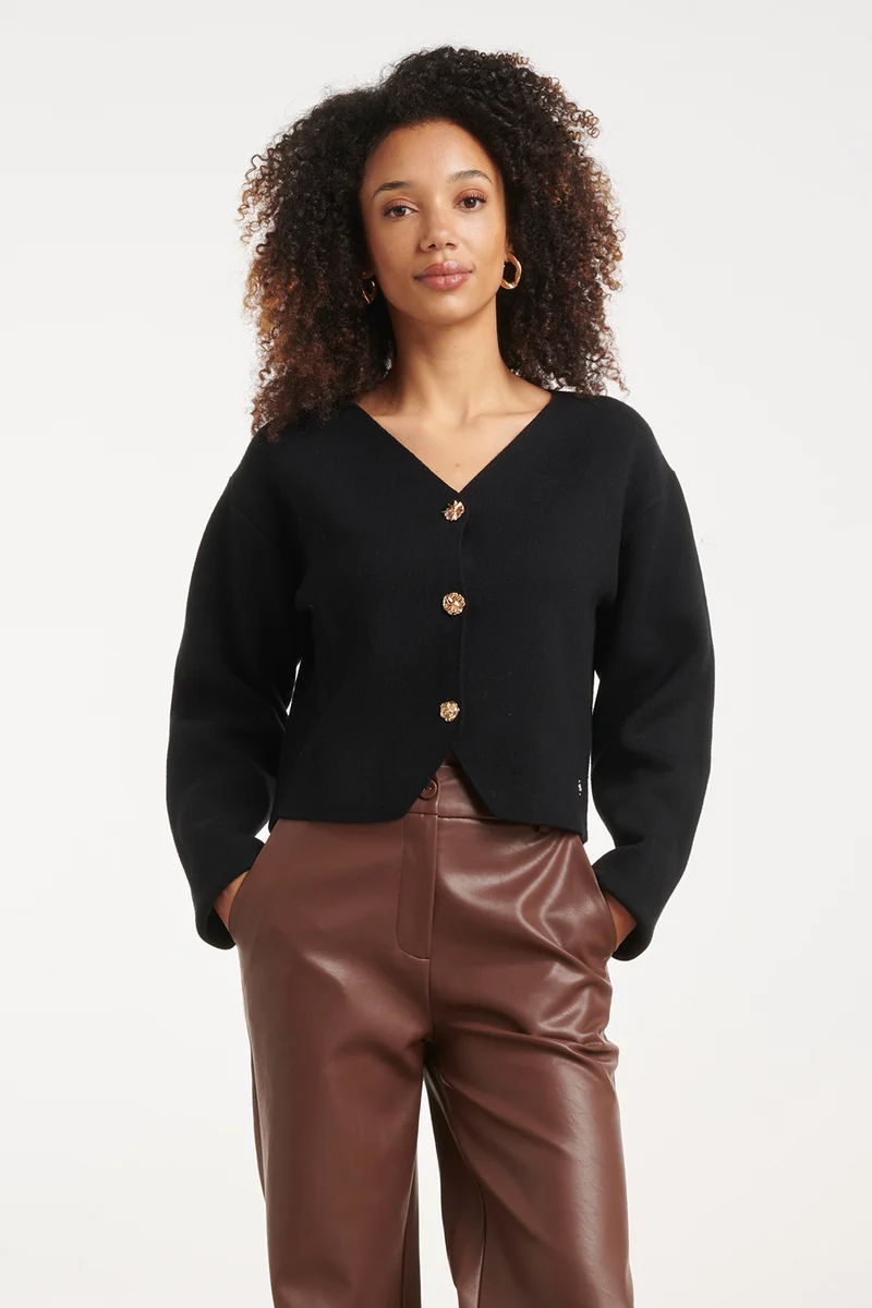 Fijngebreid Vest Met Sierknopen | Black