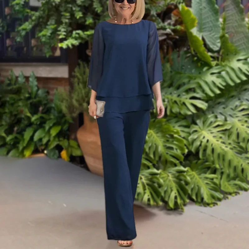Sofia Tweedelig Damespak – Elegante Top met 3/4-Mouwen & Comfortabele Broek