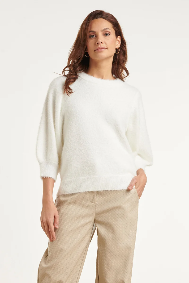Crèmekleurige Fluffy Trui Met Pofmouwen | Off White