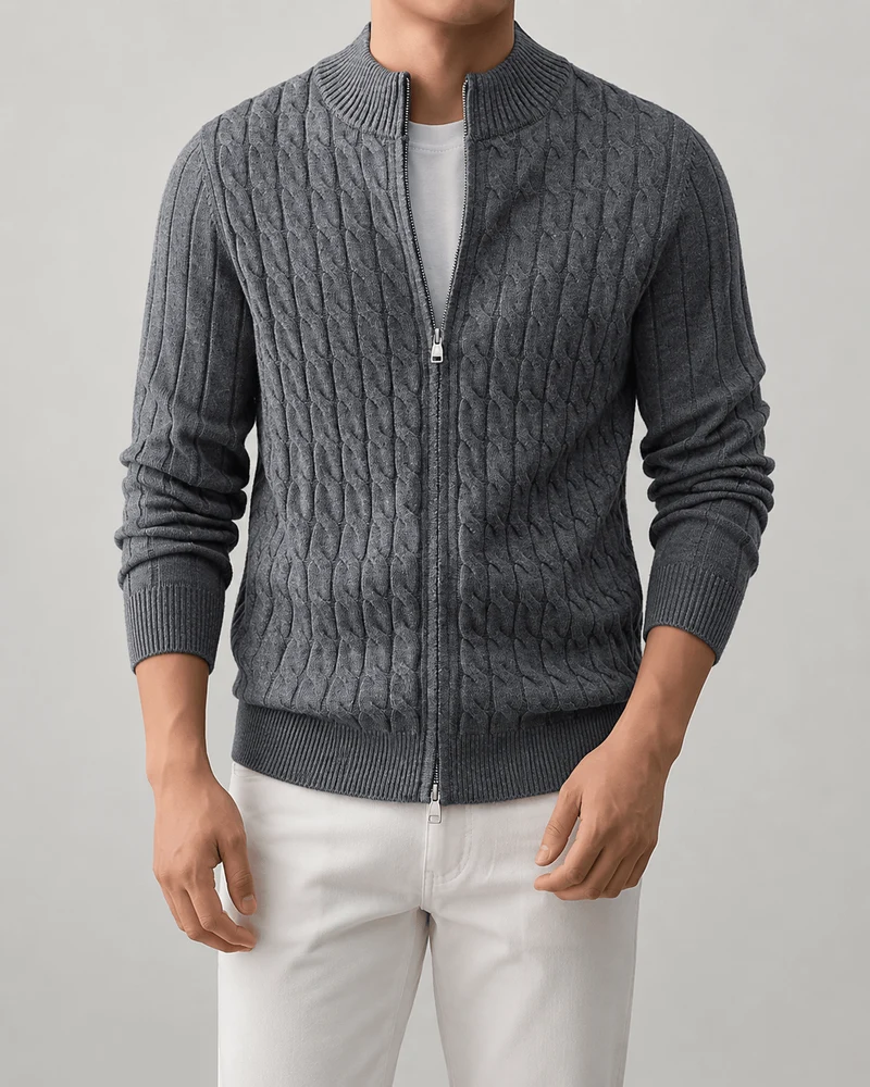 Heren Kabelgebreid Vest | Volledige Rits & Staande Kraag