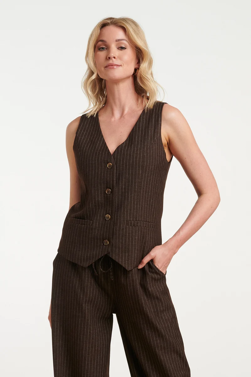 Donkerbruin Krijtstreep Gilet Met Getailleerde Pasvorm | Dark Brown