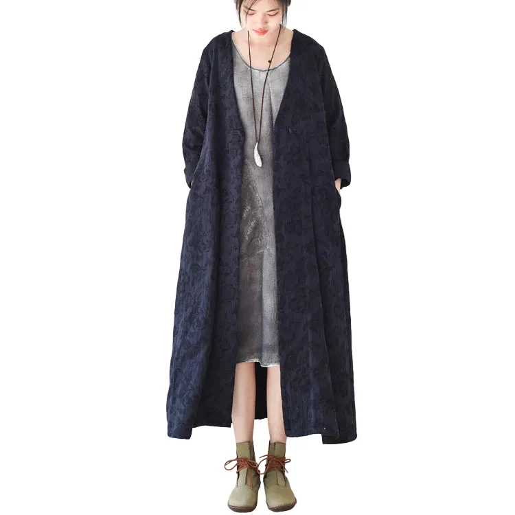 Dames Lange Maxi Jas Casual V-hals Marine Jacquard Vest