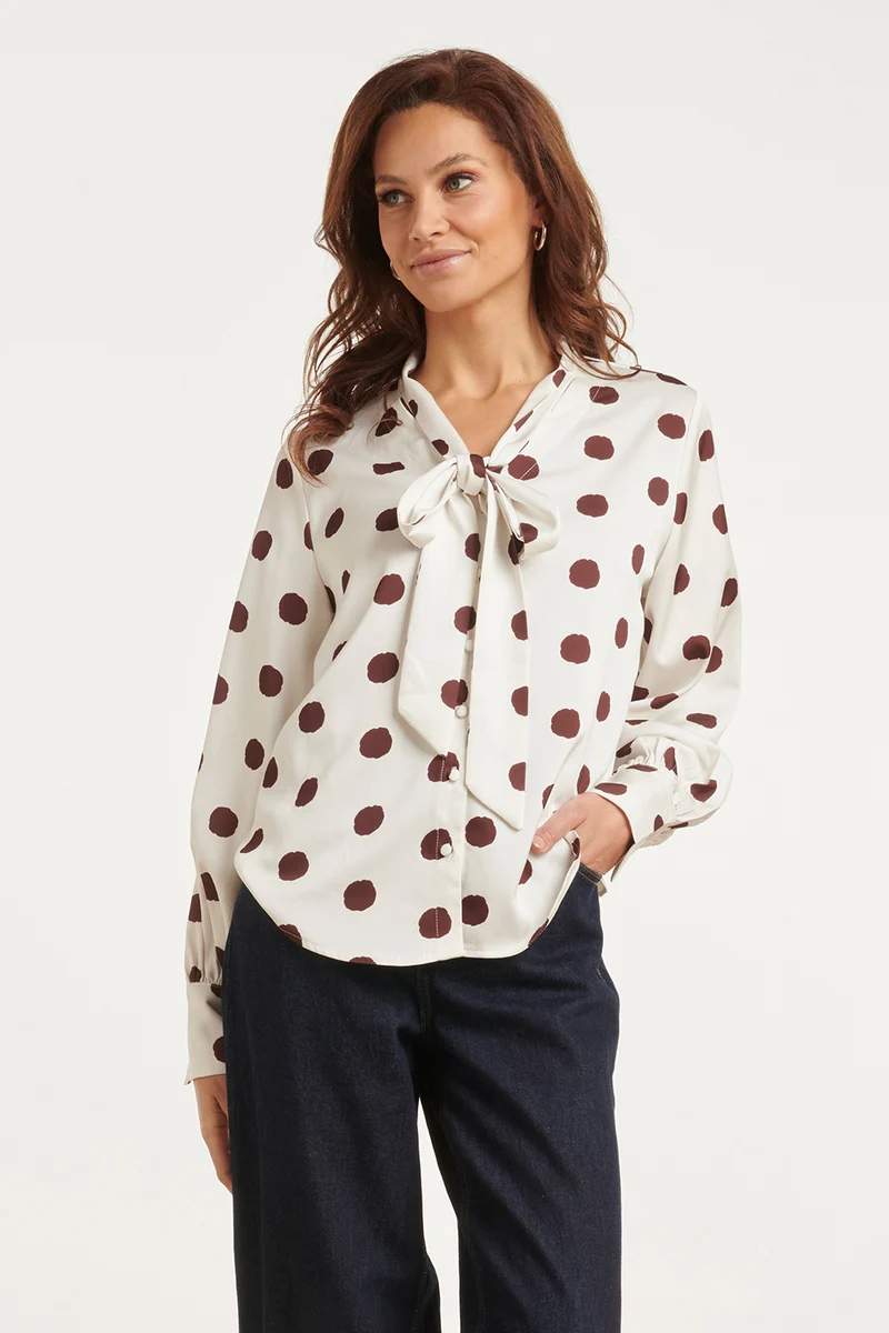 Blouse Met Stippenprint En Strikkraag | Off White - Brown
