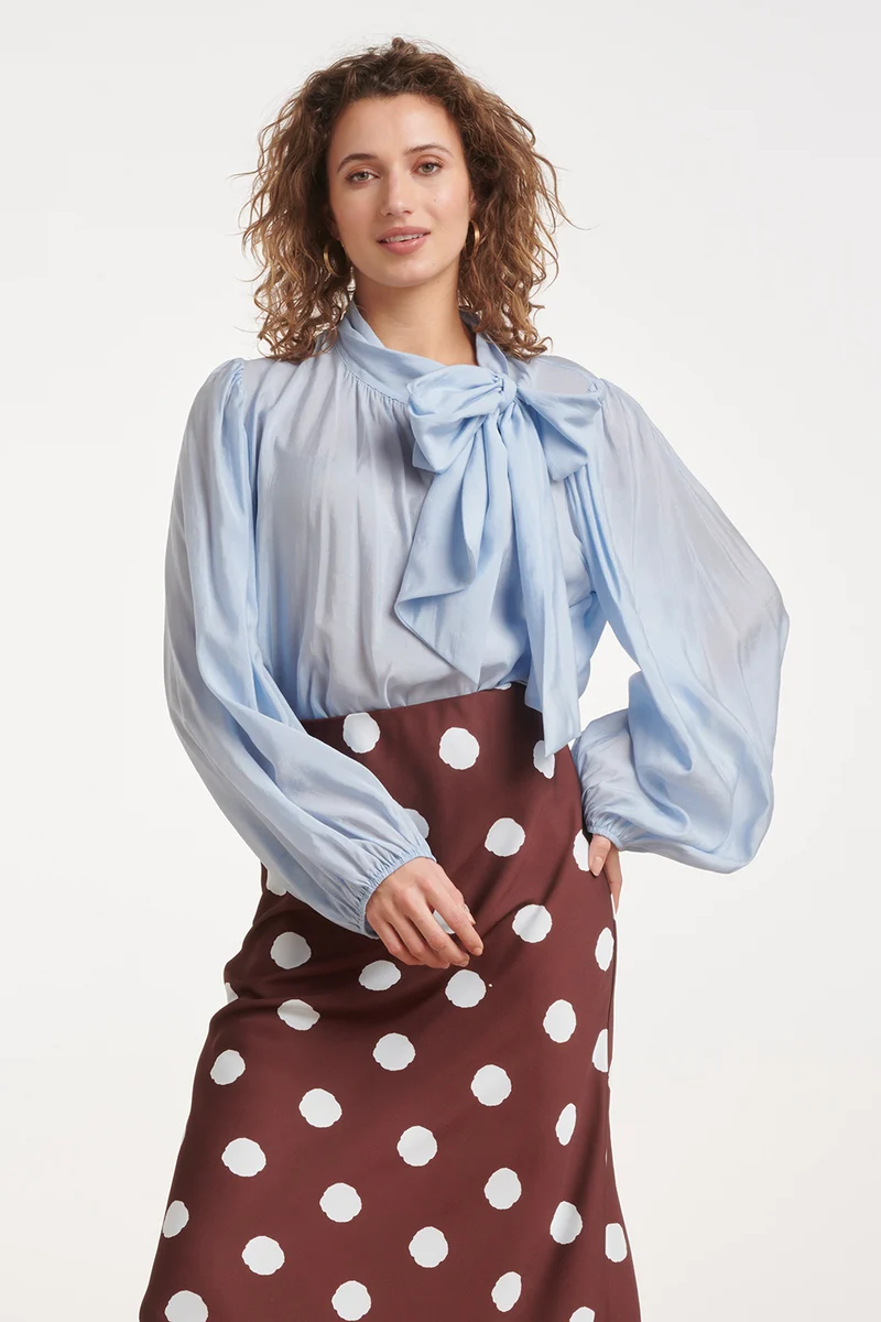 Blouse Van Soepelvallende Stof Met Strikdetail | Light Blue