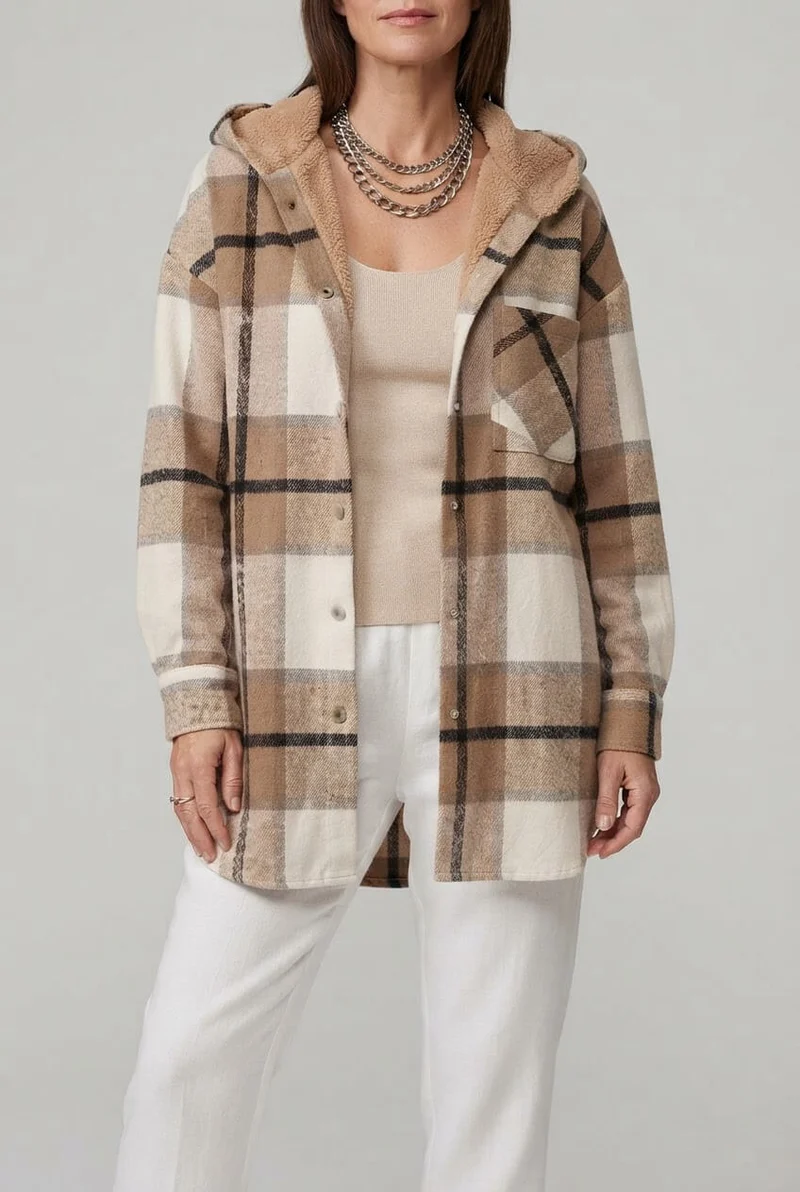 Dames Oversized Geruite Jas | Capuchon & Knoopsluiting