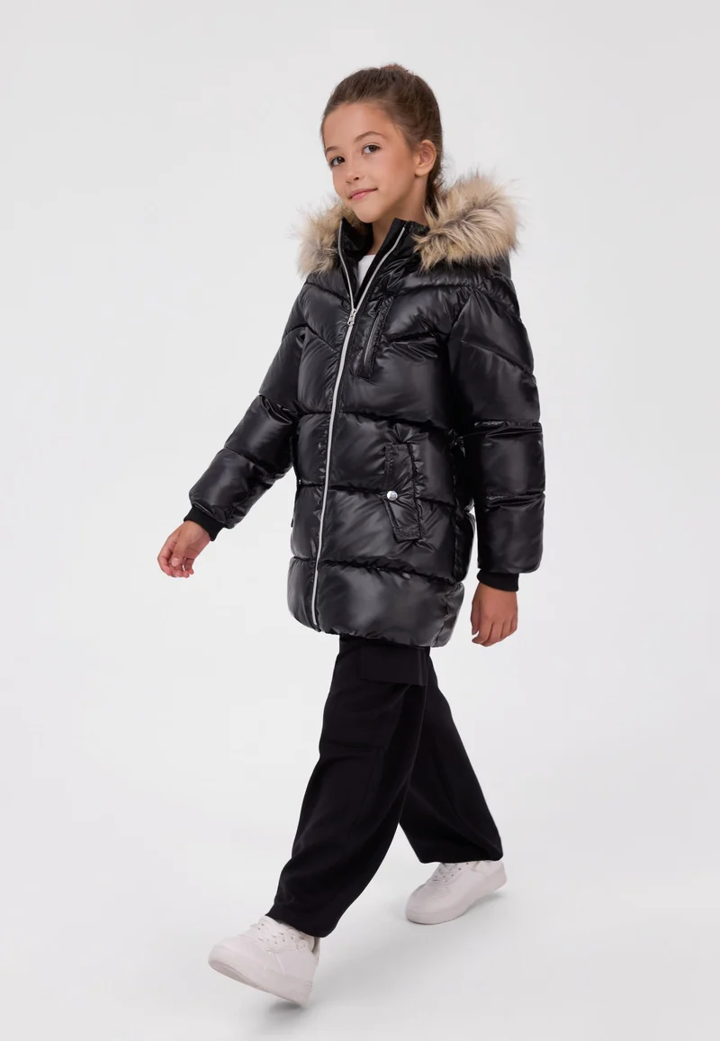 Girls' glossy hooded padded coat in black