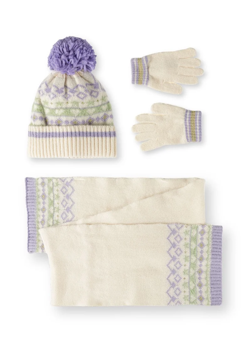 Girls' patterned hat, scarf and gloves set in cream