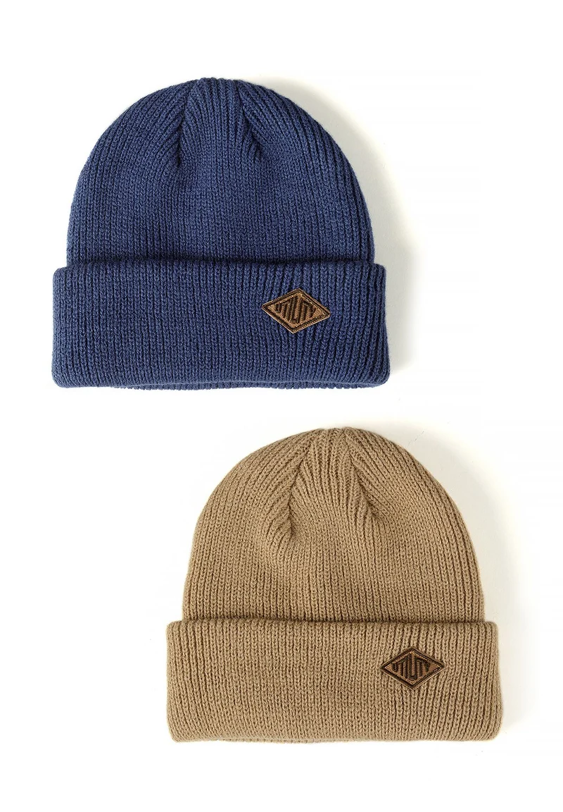 Boys' ribbed beanie hats in navy and tan, 2-pack