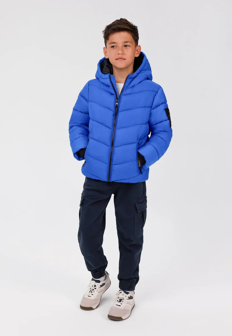 Hooded padded jacket with zipped pockets in blue