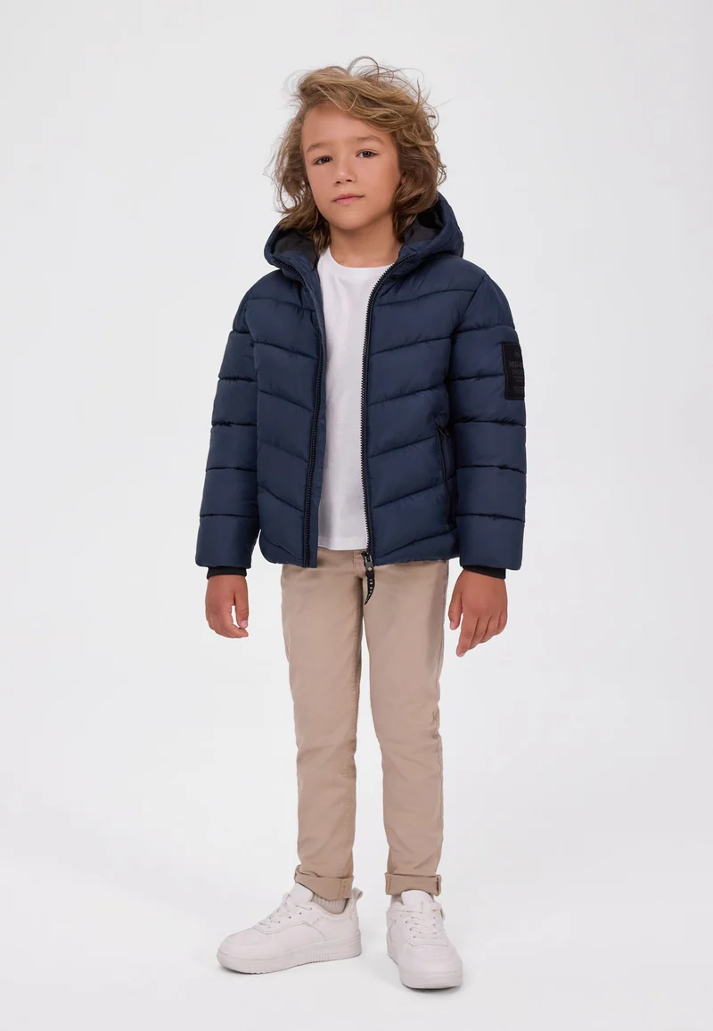 Hooded padded jacket with zipped pockets in navy