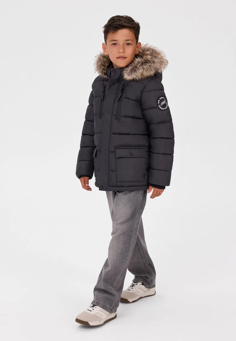 Boys' hooded padded coat in charcoal