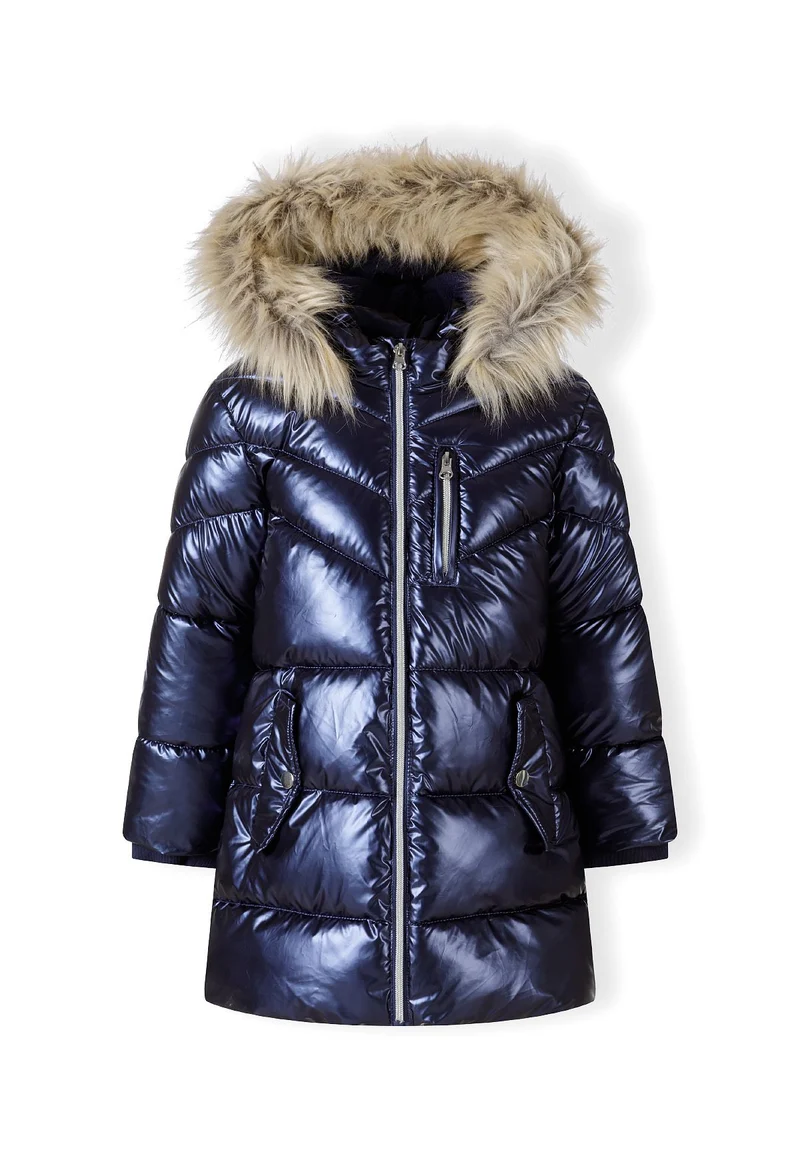 Girls' glossy hooded padded coat in navy