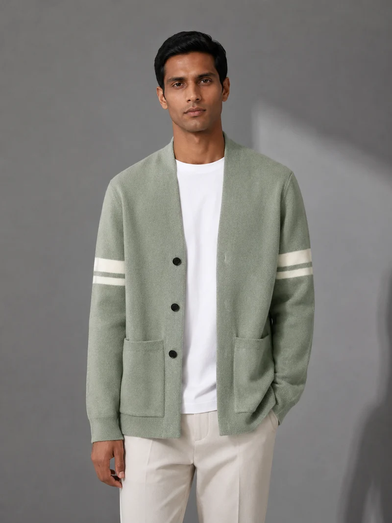 Heren Vest met V-hals en Streepdetail op de Mouwen | Knoopsluiting