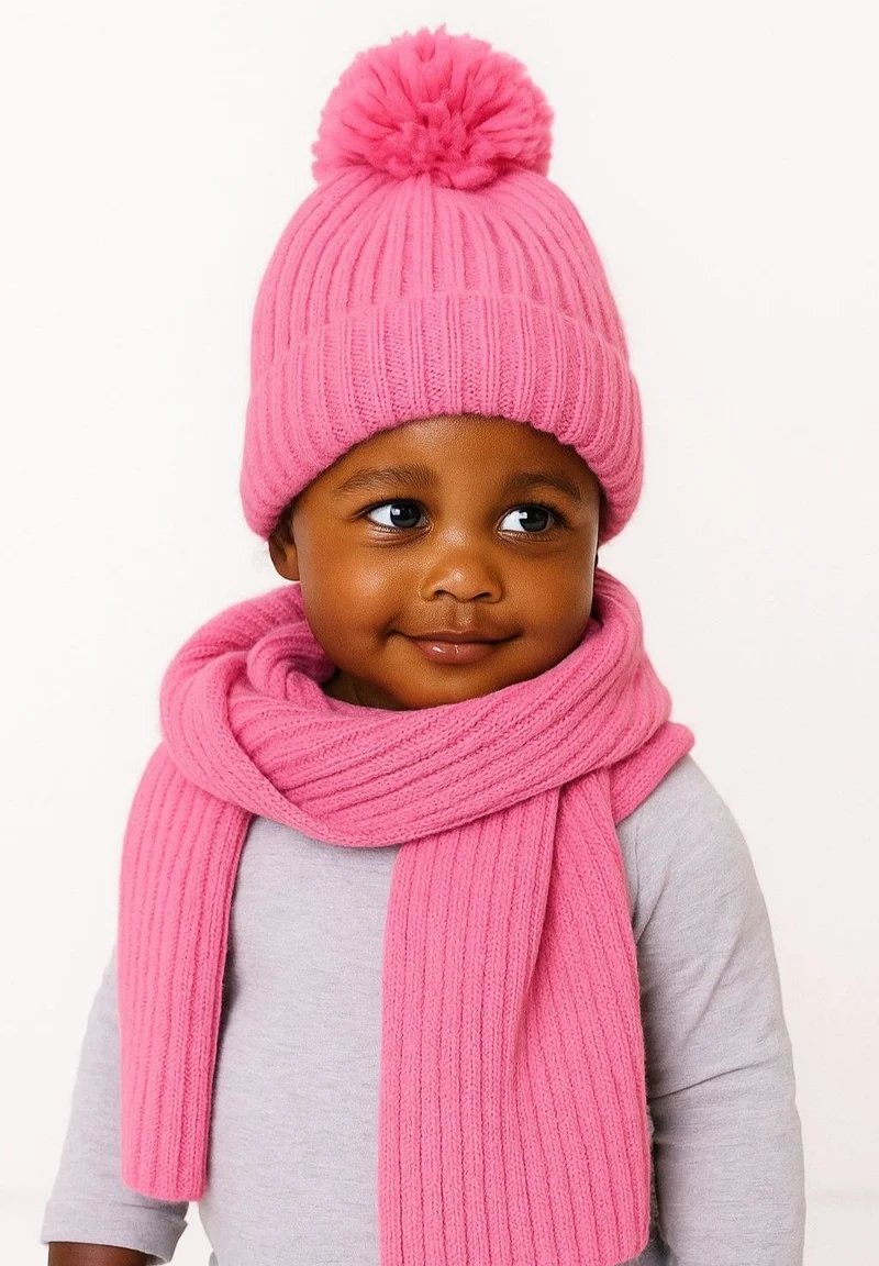Girls' hat and scarf set in bright pink