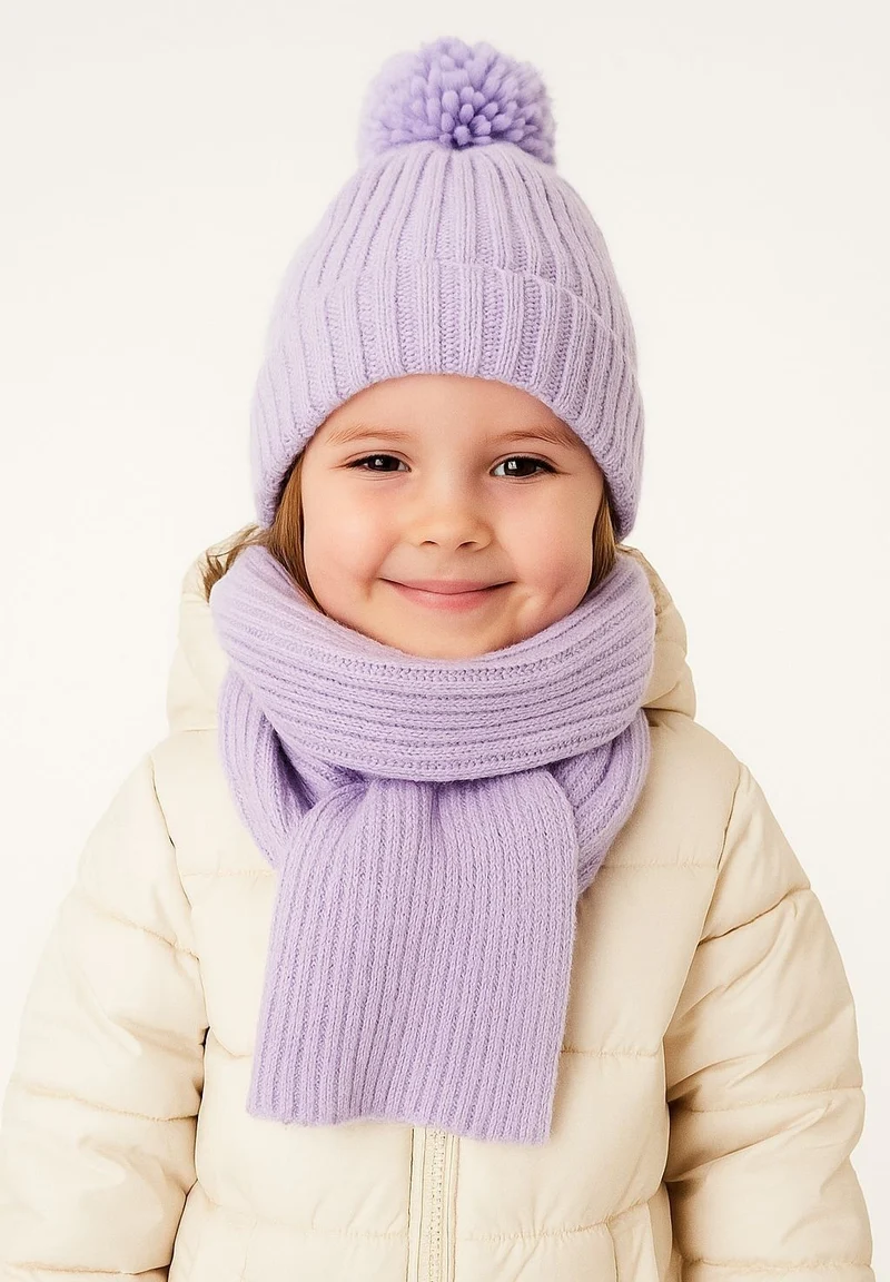 Girls' hat and scarf set in lilac