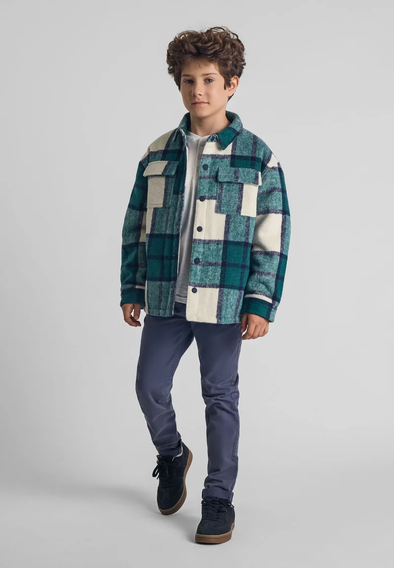 Boys' check shacket in green, cream and black