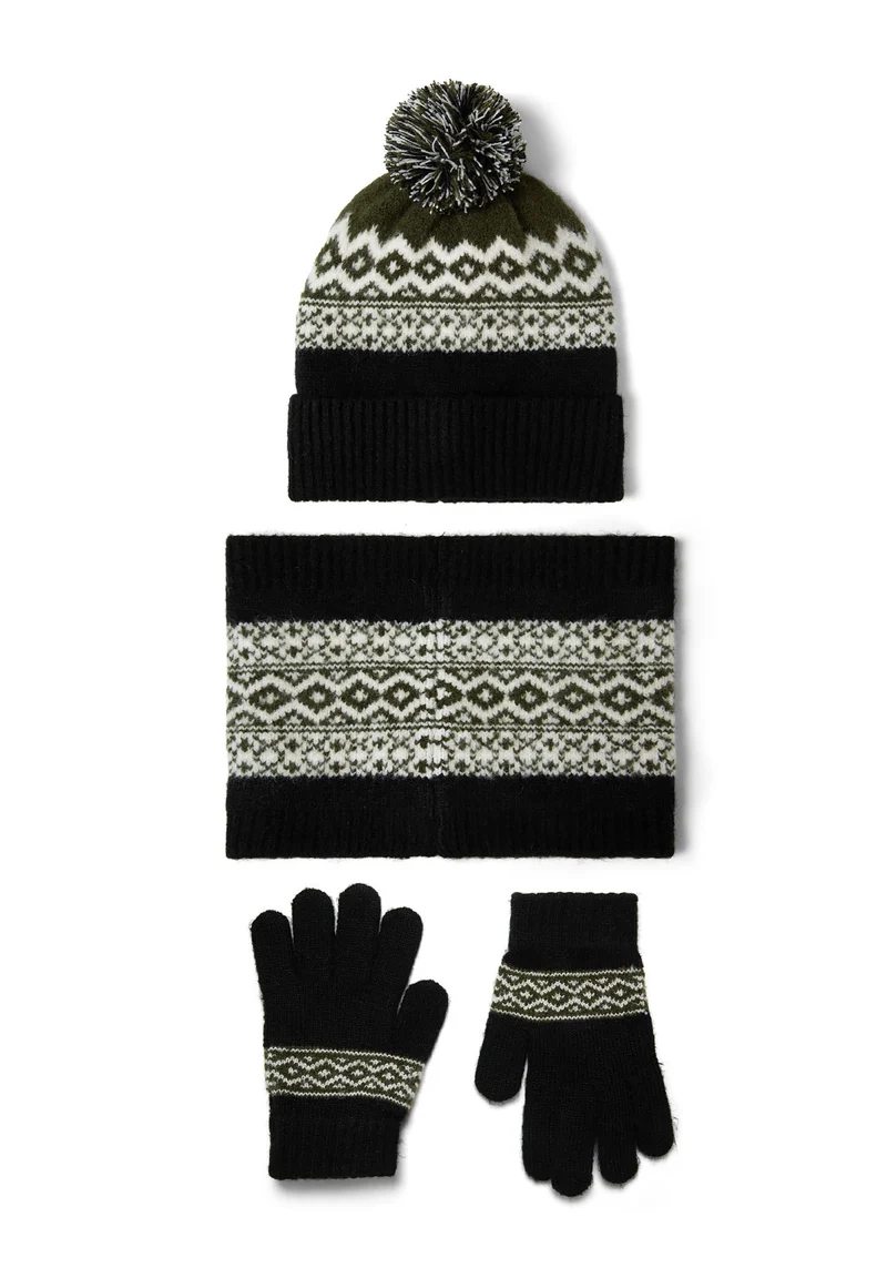 Boys' hat, snood and gloves set in black, khaki green and cream