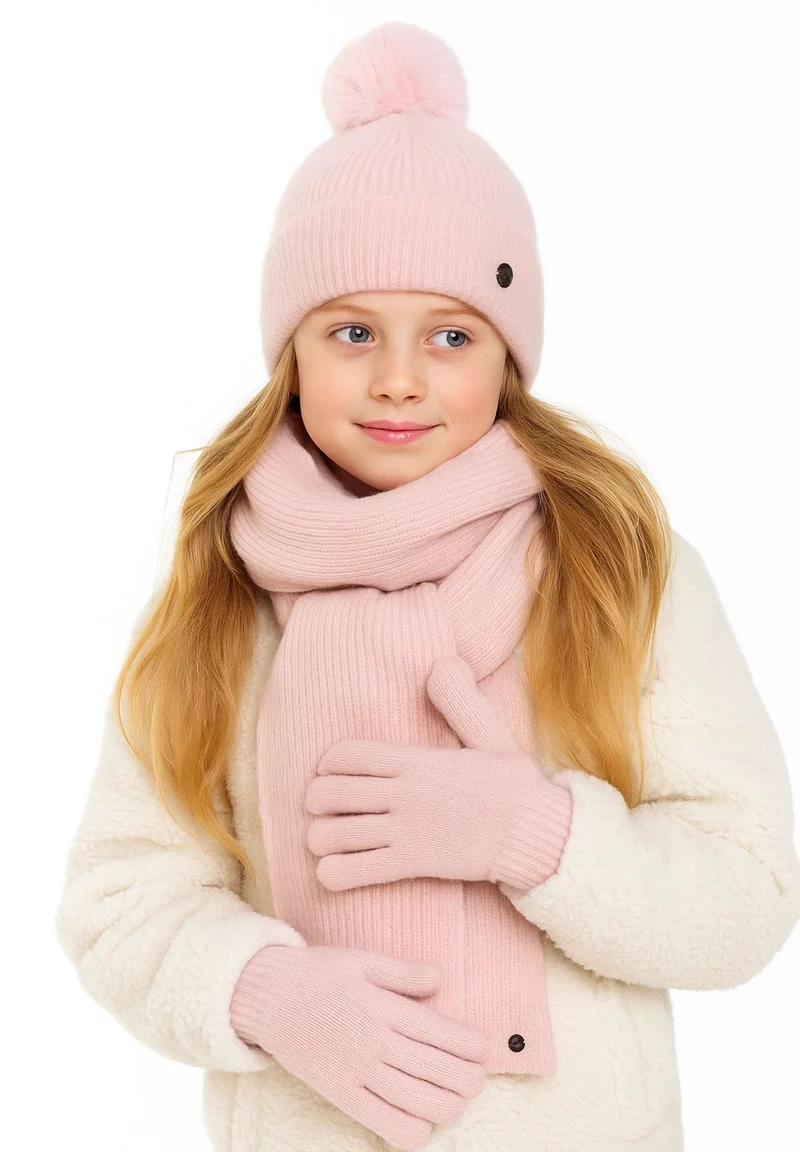 Girls' hat, scarf and gloves set in light pink