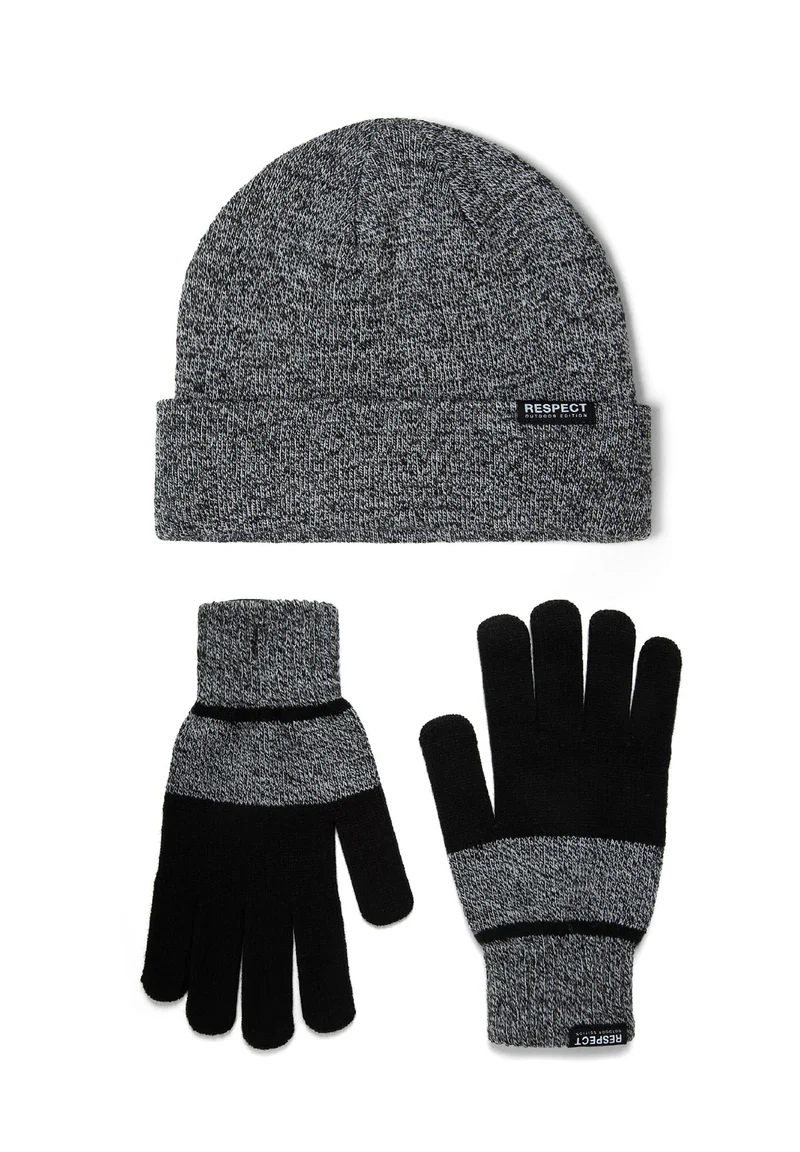 Men's hat and gloves set in grey marl and black